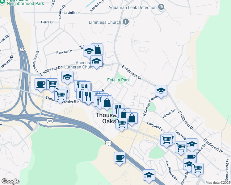 map of restaurants, bars, coffee shops, grocery stores, and more near 220 Erbes Road in Thousand Oaks