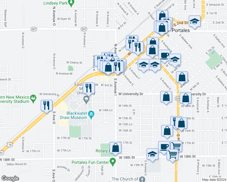map of restaurants, bars, coffee shops, grocery stores, and more near 316 South Avenue I in Portales