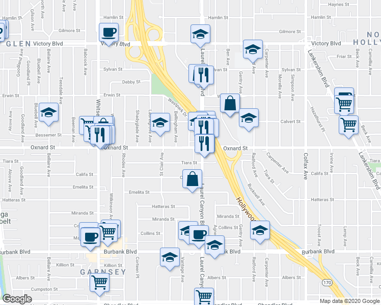 map of restaurants, bars, coffee shops, grocery stores, and more near 12126 Oxnard Street in Los Angeles