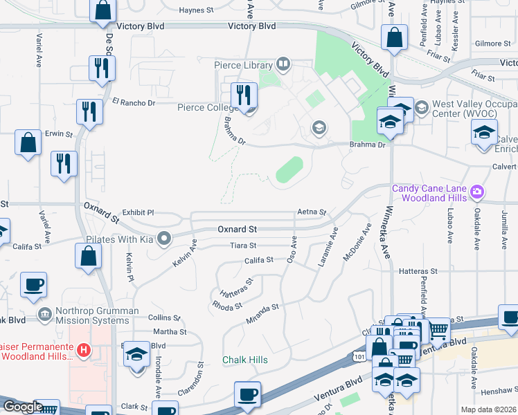 map of restaurants, bars, coffee shops, grocery stores, and more near 20449 Aetna Street in Los Angeles