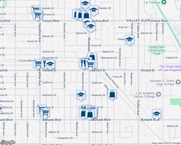 map of restaurants, bars, coffee shops, grocery stores, and more near 13674 Oxnard Street in Los Angeles