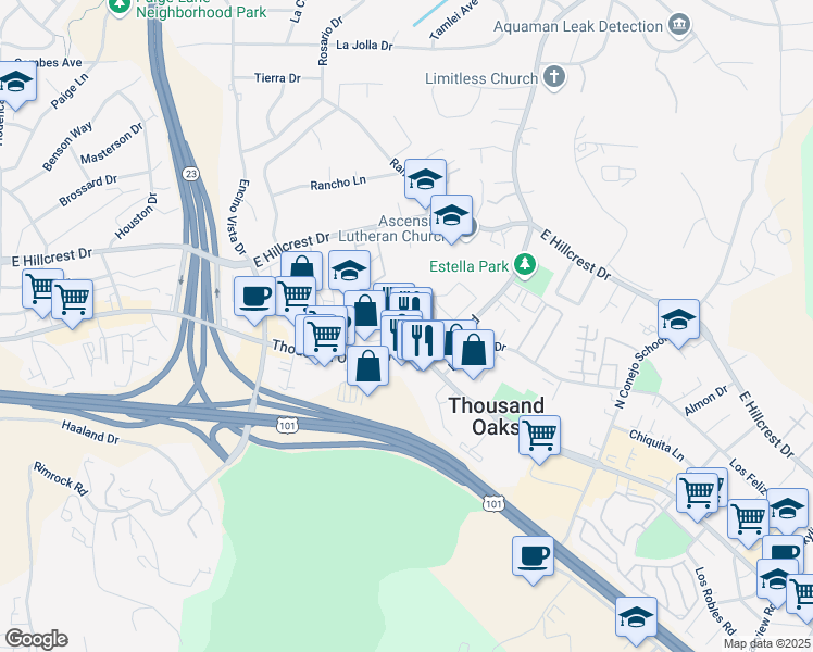map of restaurants, bars, coffee shops, grocery stores, and more near 50 Maegan Place in Thousand Oaks