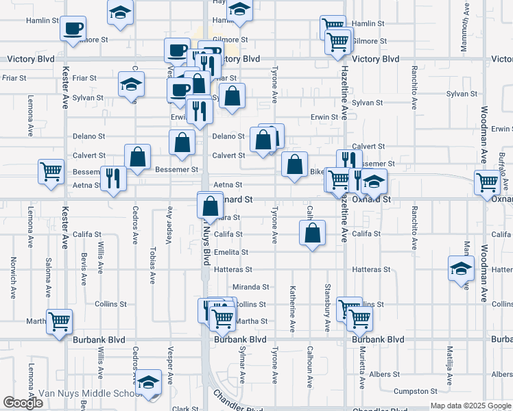 map of restaurants, bars, coffee shops, grocery stores, and more near 14346 Oxnard Street in Los Angeles