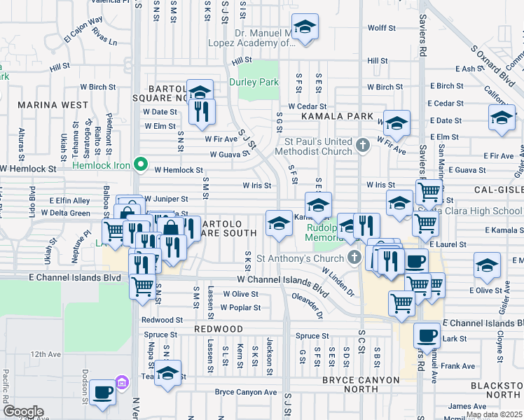 map of restaurants, bars, coffee shops, grocery stores, and more near 901 West Kamala Street in Oxnard