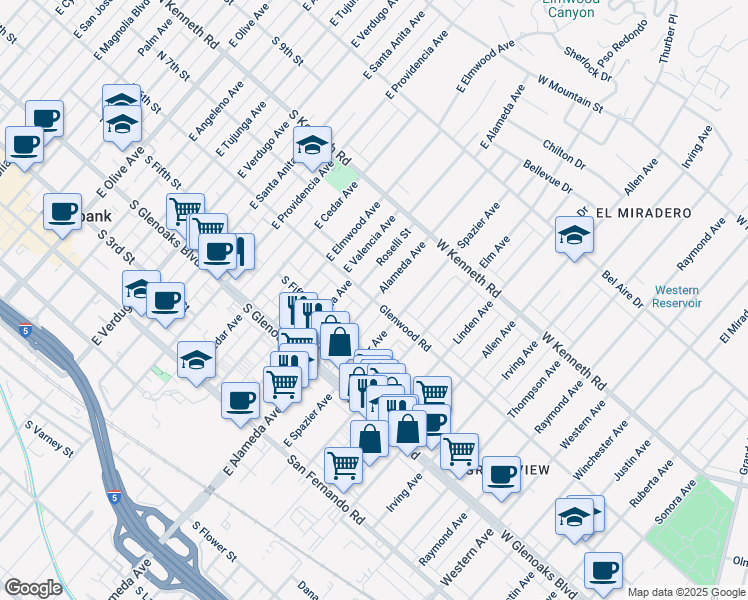 map of restaurants, bars, coffee shops, grocery stores, and more near 3677 Glenwood Road in Glendale