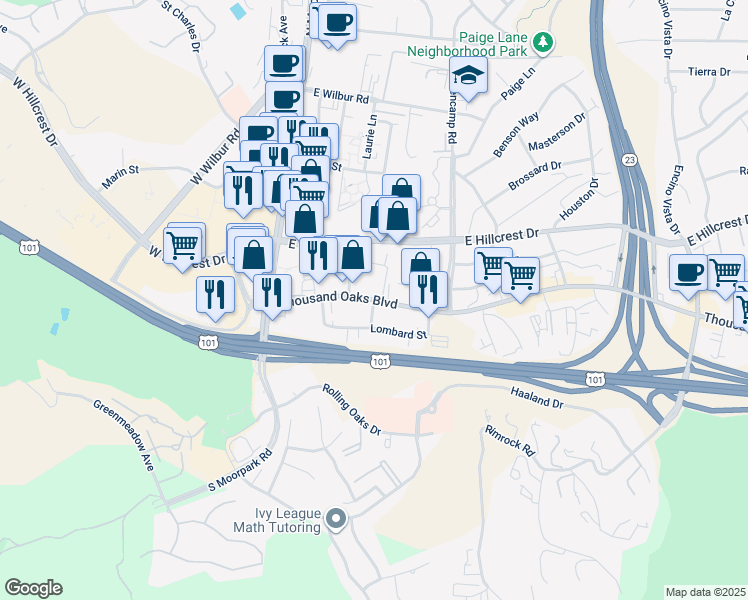 map of restaurants, bars, coffee shops, grocery stores, and more near 299 East Thousand Oaks Boulevard in Thousand Oaks