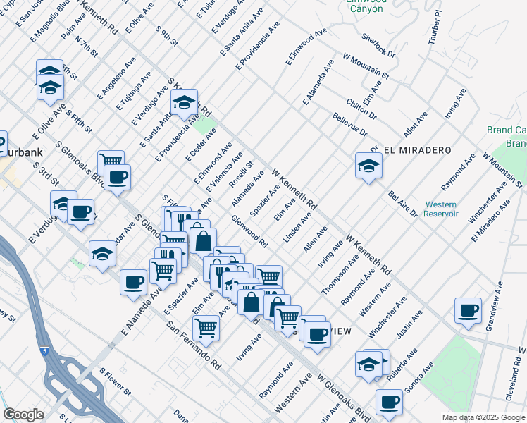 map of restaurants, bars, coffee shops, grocery stores, and more near 1230 Spazier Avenue in Glendale