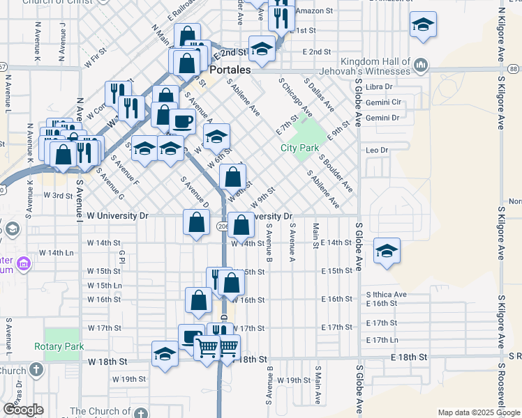 map of restaurants, bars, coffee shops, grocery stores, and more near 912 South Avenue B in Portales
