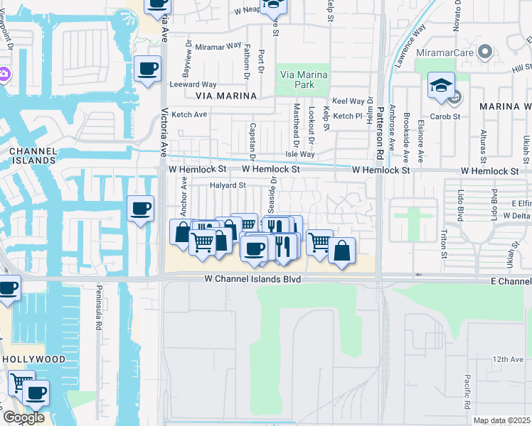 map of restaurants, bars, coffee shops, grocery stores, and more near 2572 Rudder Avenue in Port Hueneme