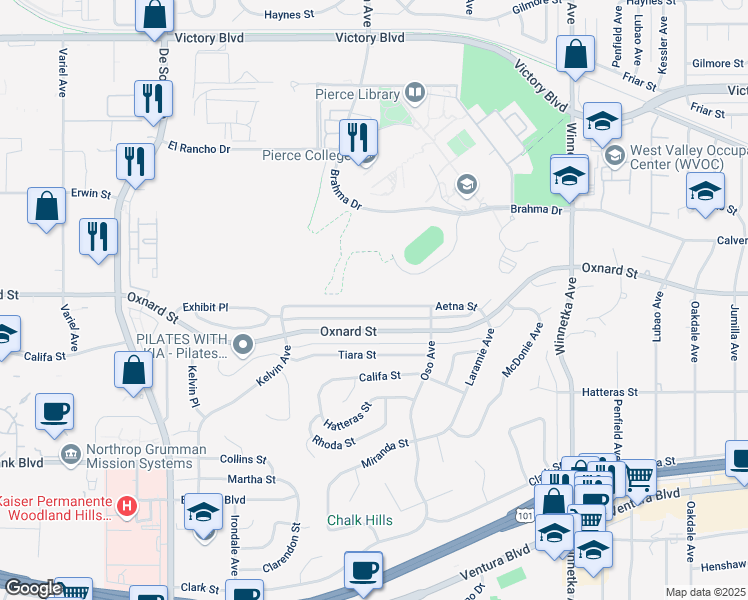 map of restaurants, bars, coffee shops, grocery stores, and more near 20457 Aetna Street in Los Angeles