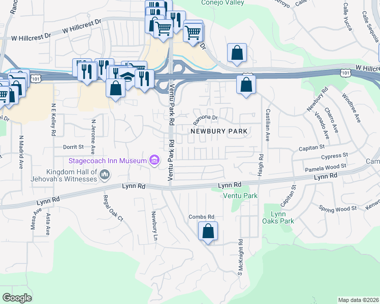 map of restaurants, bars, coffee shops, grocery stores, and more near 92 Jeannine Court in Thousand Oaks