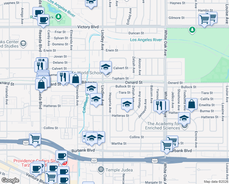 map of restaurants, bars, coffee shops, grocery stores, and more near 18005 Tiara Street in Los Angeles
