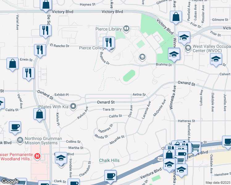 map of restaurants, bars, coffee shops, grocery stores, and more near 20449 Aetna Street in Los Angeles