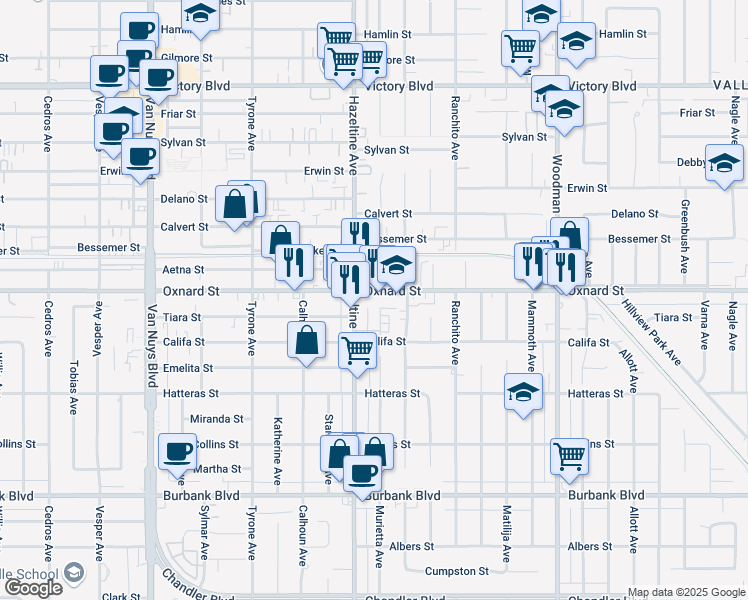 map of restaurants, bars, coffee shops, grocery stores, and more near 14026 Oxnard Street in Los Angeles