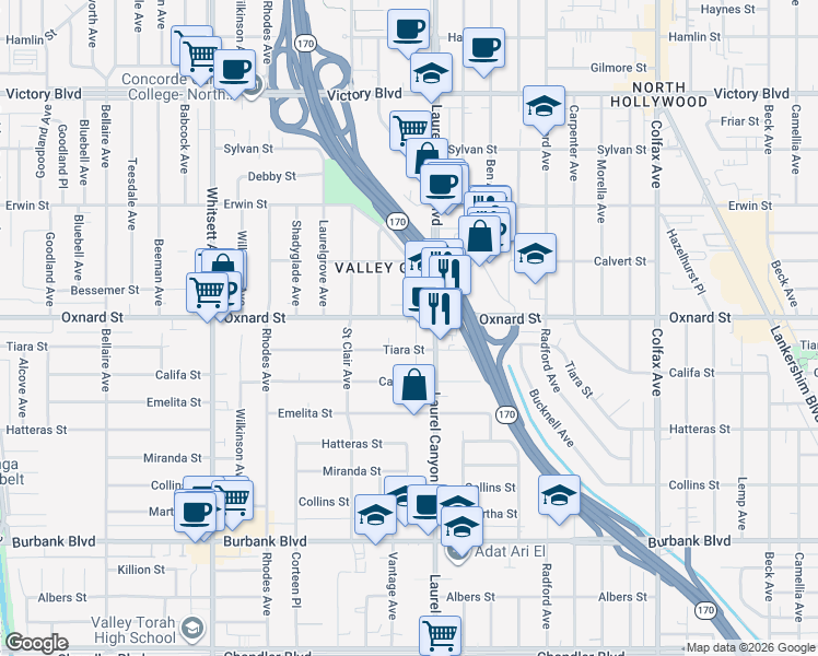 map of restaurants, bars, coffee shops, grocery stores, and more near 12126 Oxnard Street in Los Angeles