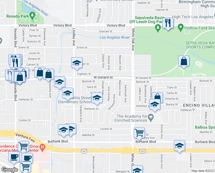 map of restaurants, bars, coffee shops, grocery stores, and more near 5951 Alonzo Avenue in Los Angeles
