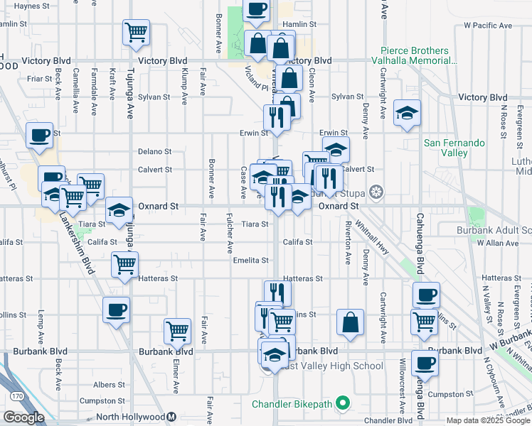 map of restaurants, bars, coffee shops, grocery stores, and more near 11028 Oxnard Street in Los Angeles