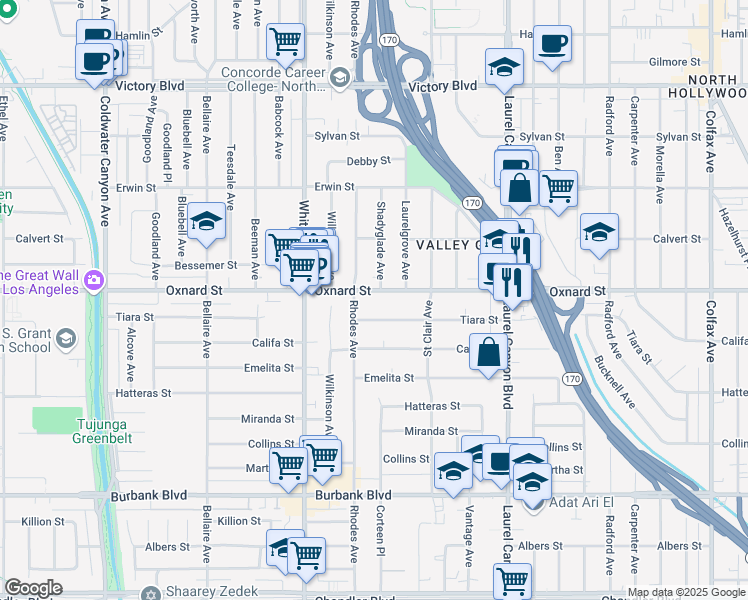 map of restaurants, bars, coffee shops, grocery stores, and more near 12344 Oxnard Street in Los Angeles