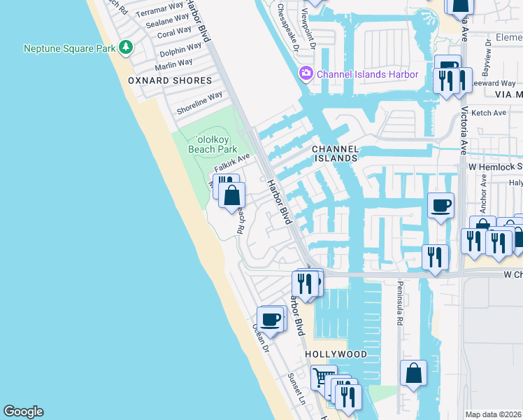 map of restaurants, bars, coffee shops, grocery stores, and more near 2107 Martinique Lane in Oxnard