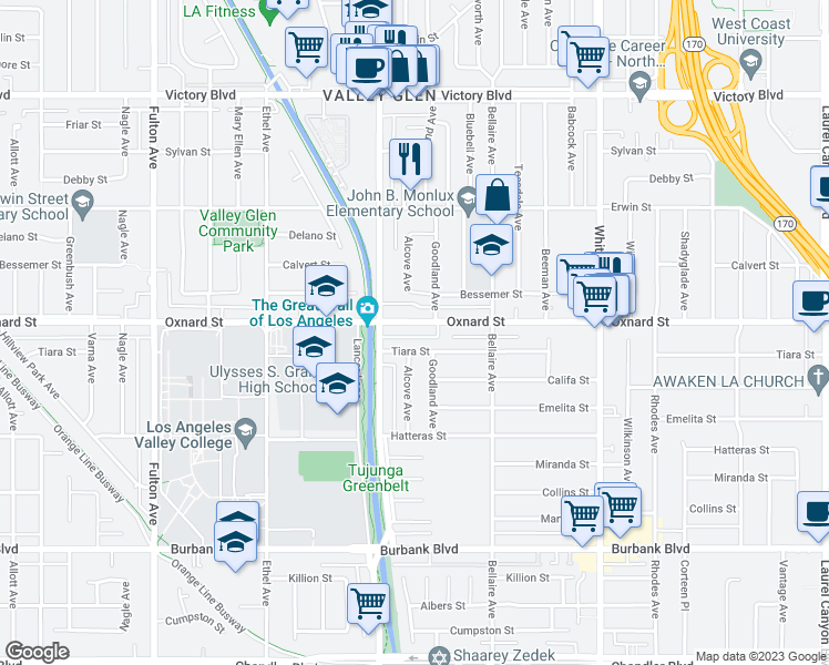 map of restaurants, bars, coffee shops, grocery stores, and more near 12828 Oxnard Street in Los Angeles