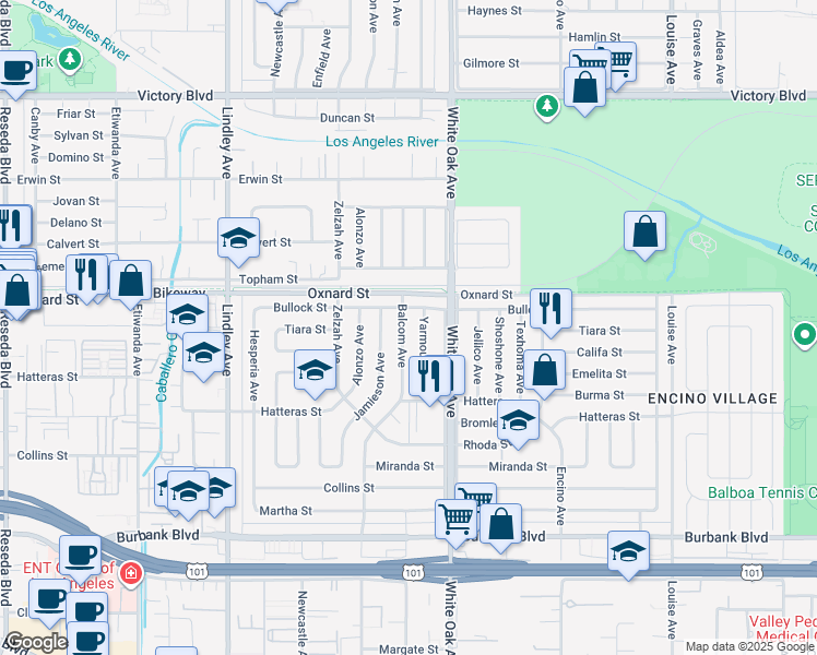 map of restaurants, bars, coffee shops, grocery stores, and more near 5952 Balcom Avenue in Los Angeles
