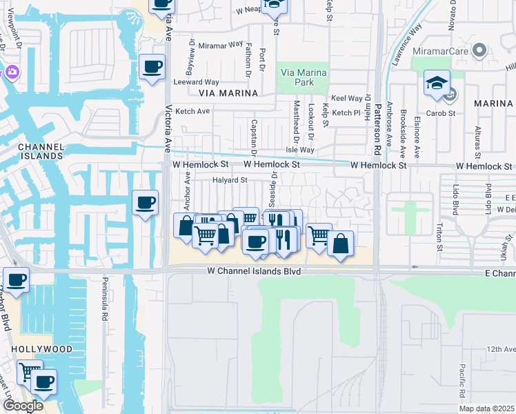 map of restaurants, bars, coffee shops, grocery stores, and more near 2571 Rudder Avenue in Port Hueneme