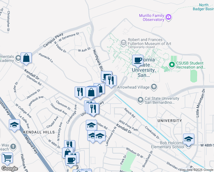 map of restaurants, bars, coffee shops, grocery stores, and more near 1775 Northpark Boulevard West in San Bernardino