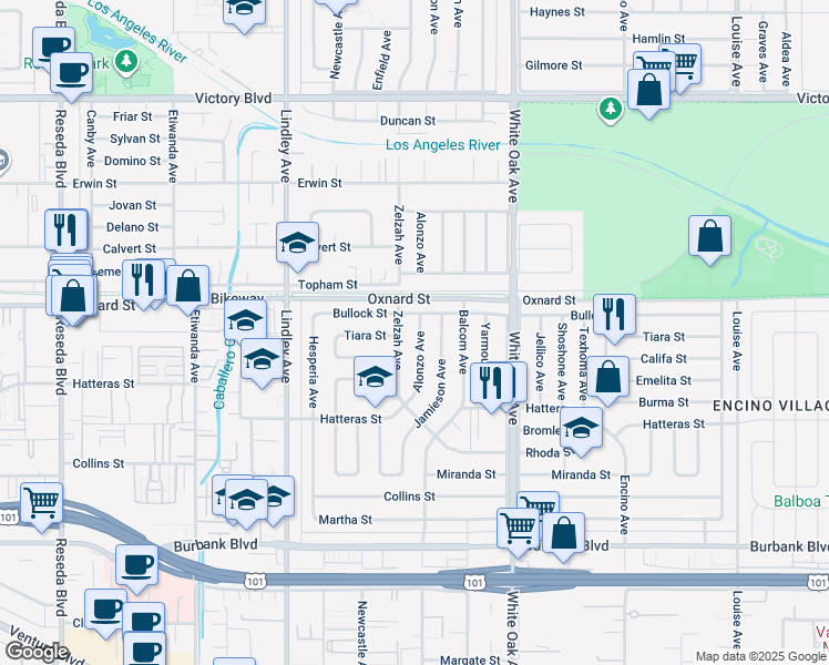 map of restaurants, bars, coffee shops, grocery stores, and more near 5951 Alonzo Avenue in Los Angeles