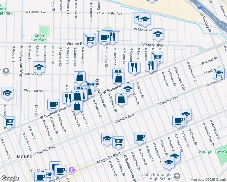 map of restaurants, bars, coffee shops, grocery stores, and more near 2314 West Burbank Boulevard in Burbank