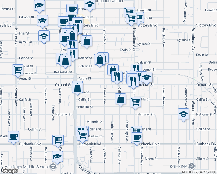 map of restaurants, bars, coffee shops, grocery stores, and more near 14248 Oxnard Street in Los Angeles
