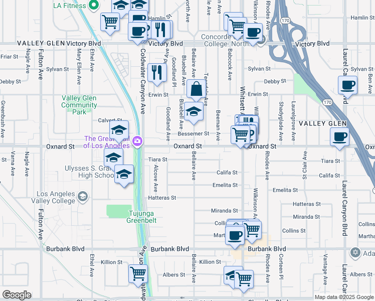 map of restaurants, bars, coffee shops, grocery stores, and more near 12720 Oxnard Street in Los Angeles