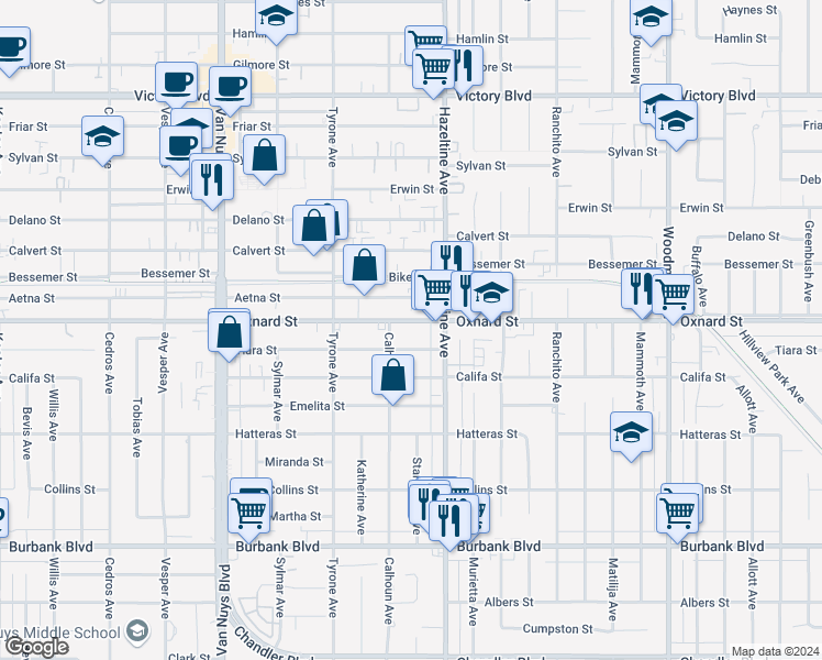 map of restaurants, bars, coffee shops, grocery stores, and more near 14136 Oxnard Street in Los Angeles