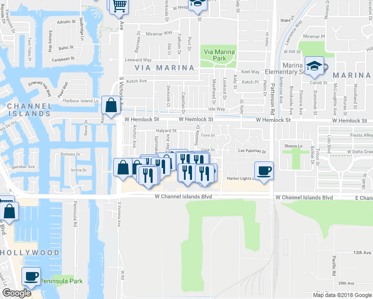 map of restaurants, bars, coffee shops, grocery stores, and more near 2571 Rudder Avenue in Port Hueneme
