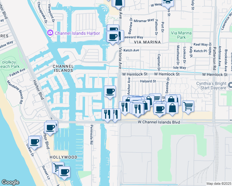 map of restaurants, bars, coffee shops, grocery stores, and more near 2211 Victoria Avenue in Ventura