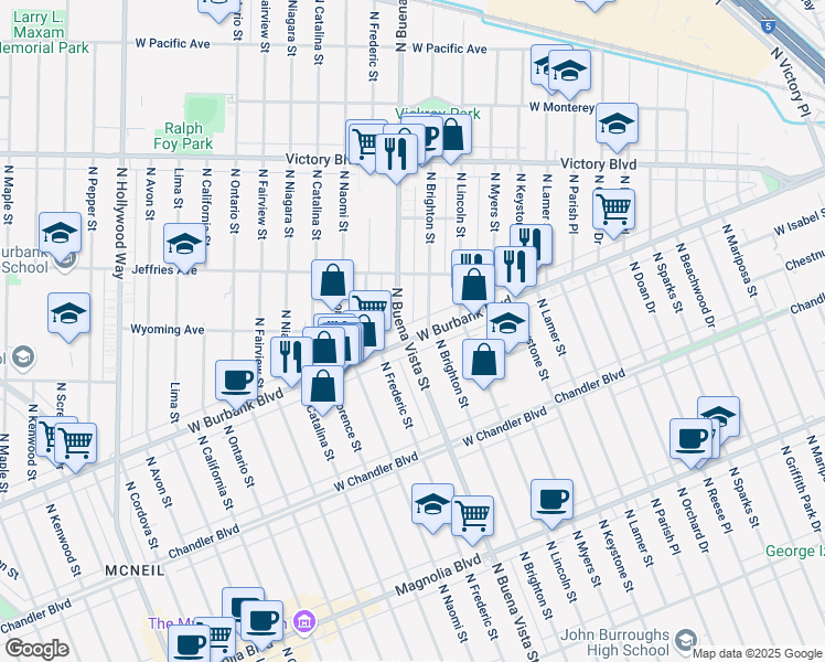 map of restaurants, bars, coffee shops, grocery stores, and more near 2411 West Burbank Boulevard in Burbank