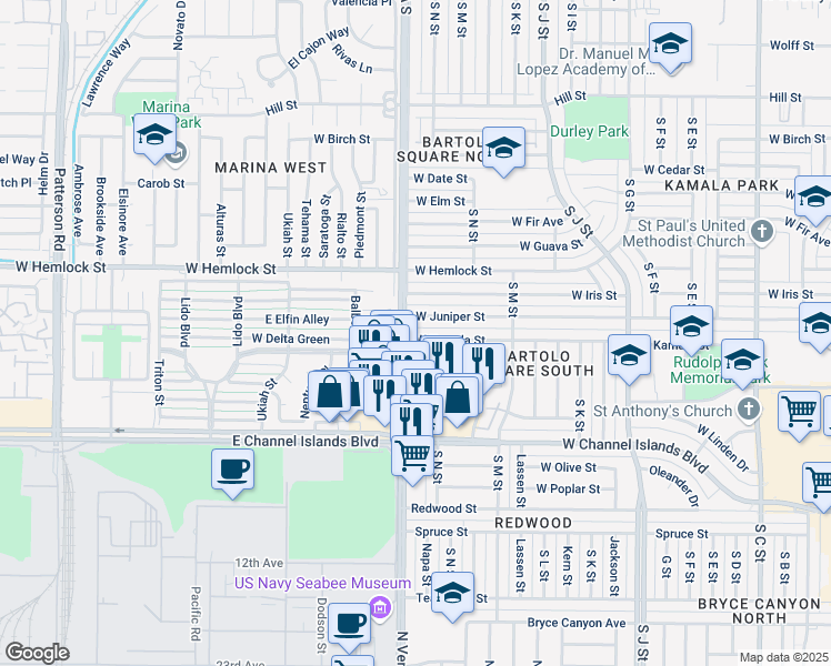 map of restaurants, bars, coffee shops, grocery stores, and more near 1441 West Kamala Street in Oxnard