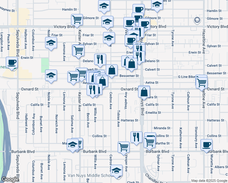 map of restaurants, bars, coffee shops, grocery stores, and more near 14629 Tiara Street in Los Angeles
