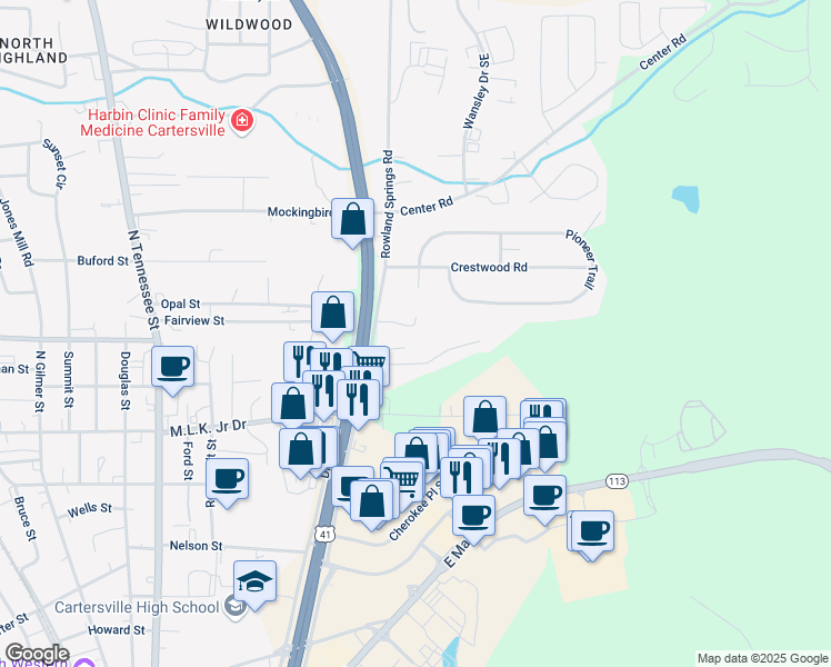 map of restaurants, bars, coffee shops, grocery stores, and more near 25 Corinth Road in Cartersville