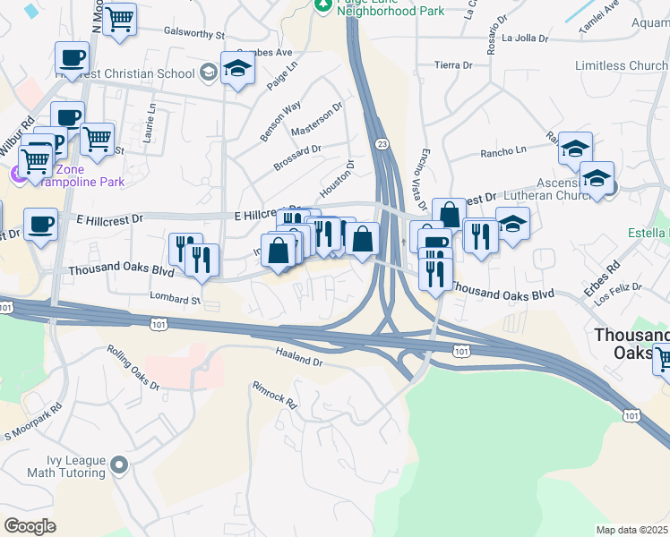 map of restaurants, bars, coffee shops, grocery stores, and more near 850 Thousand Oaks Boulevard in Thousand Oaks