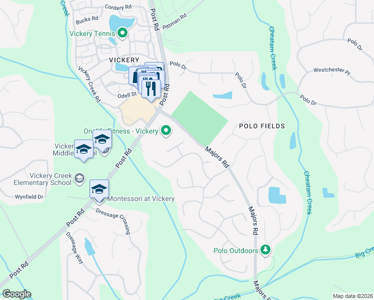 map of restaurants, bars, coffee shops, grocery stores, and more near 6500 Brookline Court in Cumming