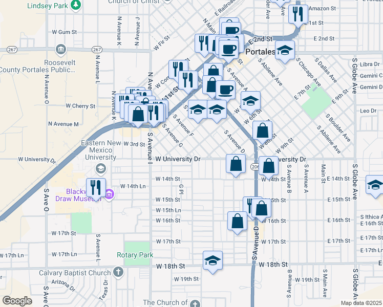 map of restaurants, bars, coffee shops, grocery stores, and more near 621 West 6th Street in Portales