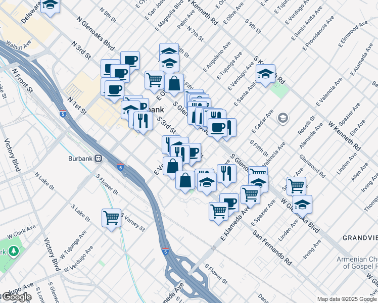 map of restaurants, bars, coffee shops, grocery stores, and more near 276 East Santa Anita Avenue in Burbank