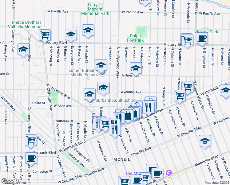 map of restaurants, bars, coffee shops, grocery stores, and more near 1640 North Pepper Street in Burbank