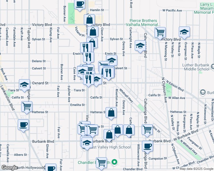 map of restaurants, bars, coffee shops, grocery stores, and more near 10858 Oxnard Street in Los Angeles