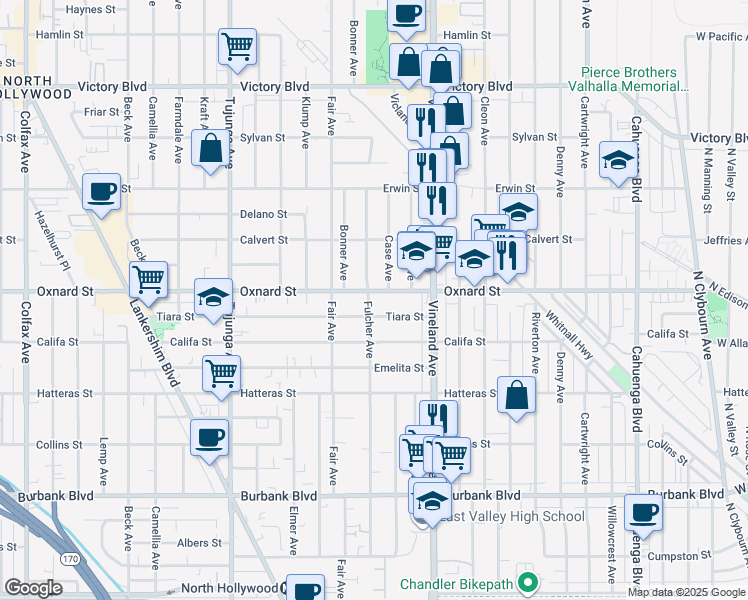 map of restaurants, bars, coffee shops, grocery stores, and more near 11058 Oxnard Street in Los Angeles