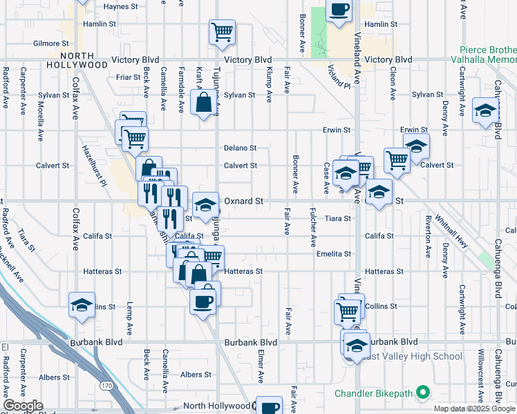 map of restaurants, bars, coffee shops, grocery stores, and more near 11304 Oxnard Street in Los Angeles