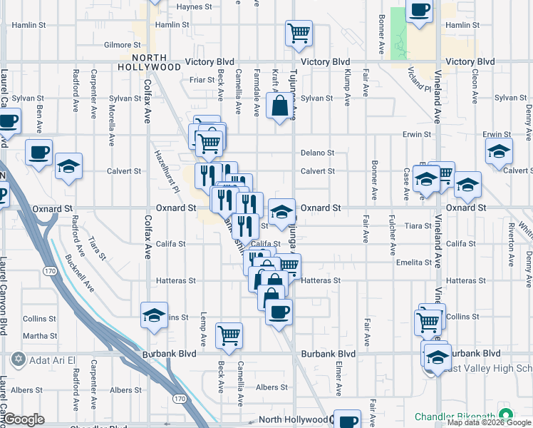 map of restaurants, bars, coffee shops, grocery stores, and more near 11421 Tiara Street in Los Angeles