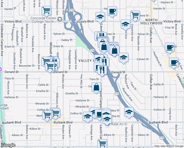 map of restaurants, bars, coffee shops, grocery stores, and more near 12142 Oxnard Street in Los Angeles