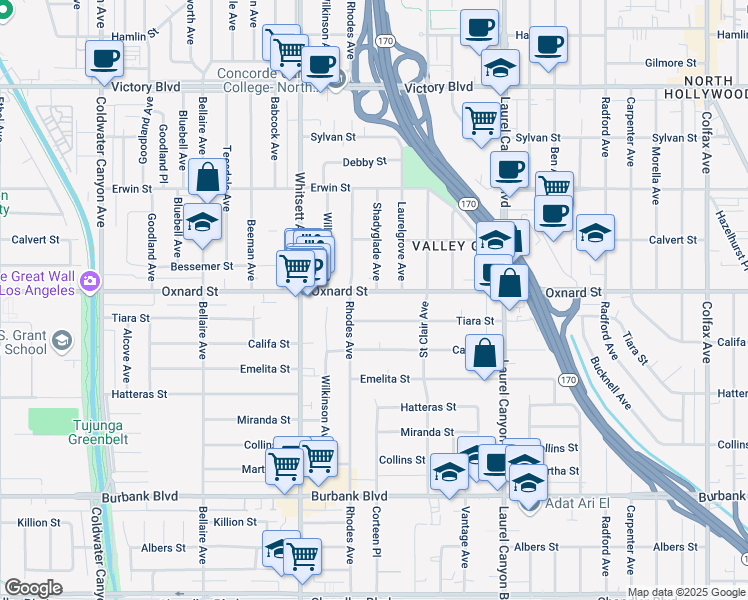 map of restaurants, bars, coffee shops, grocery stores, and more near 12348 Oxnard Street in Los Angeles