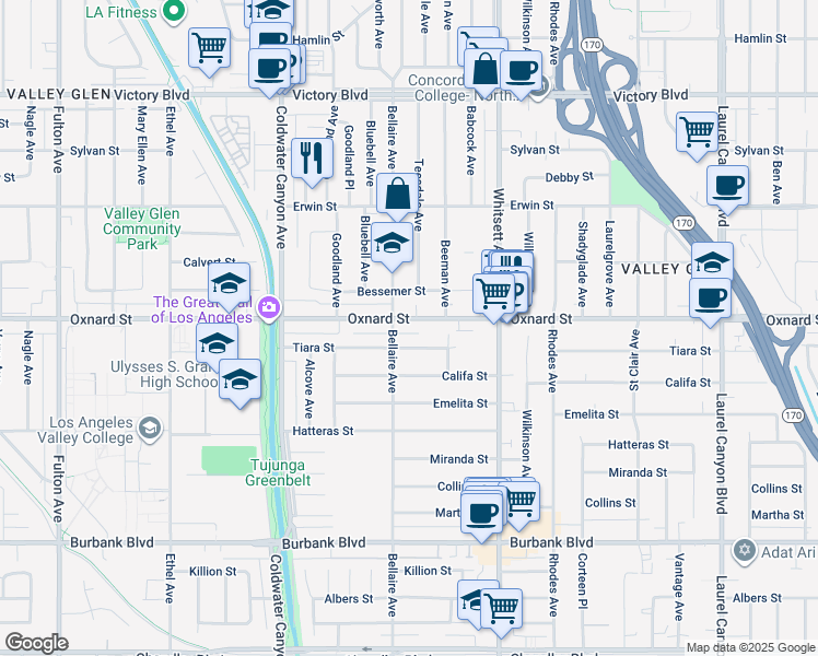 map of restaurants, bars, coffee shops, grocery stores, and more near 12640 Oxnard Street in Los Angeles